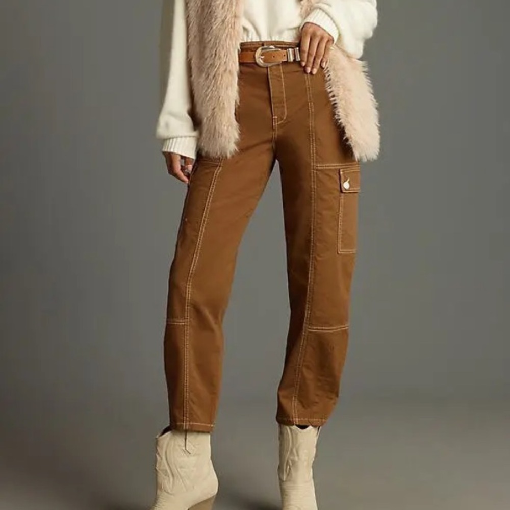 NWT Anthropologie linen Blend Carson Utility Barrel Pants in Brown size 2